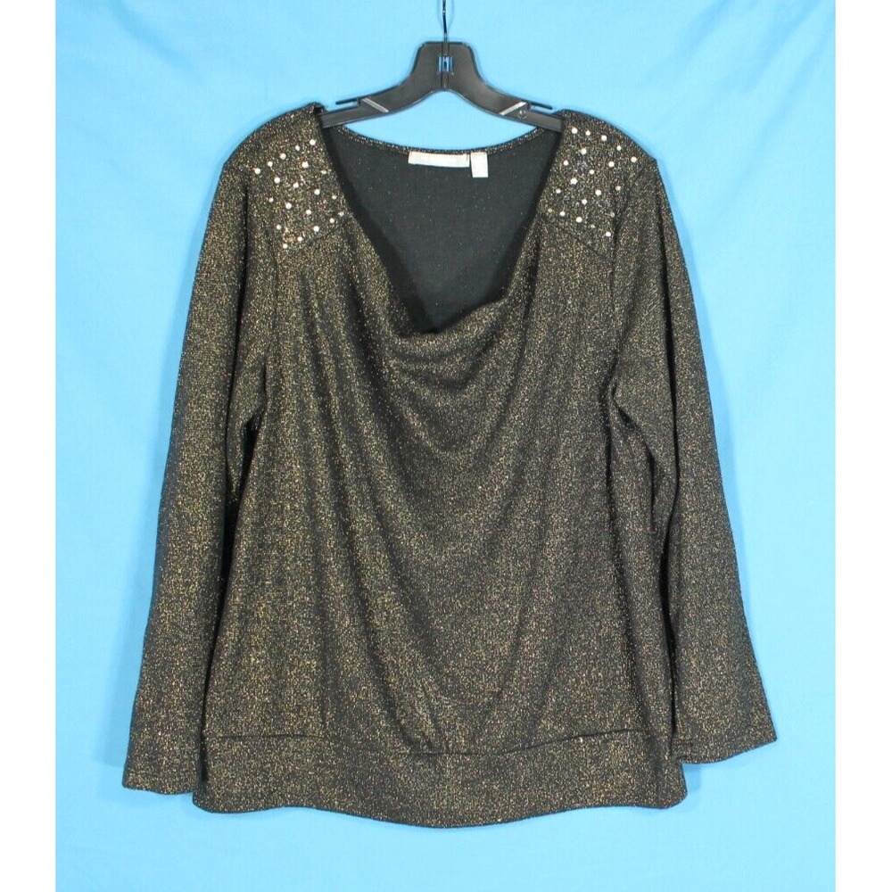 NY COLLECTION Black w/METALLIC GOLD Drap Neckline RHINESTONES Knit Sweater Sz 2x